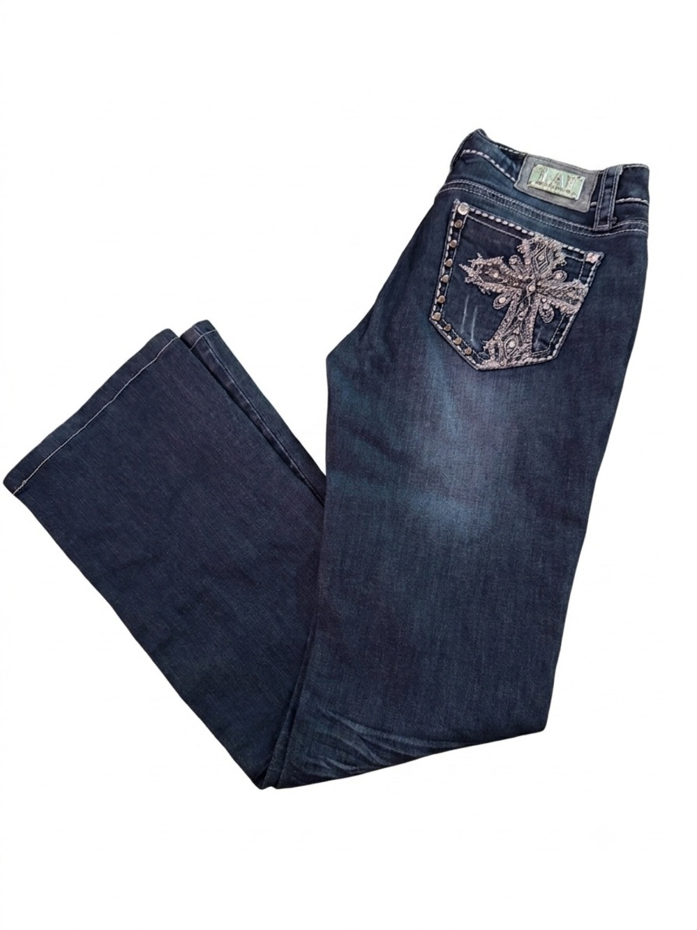 L.A. idol Dark Blue Boot Cut Jeans with Embellished Cross Pocket
